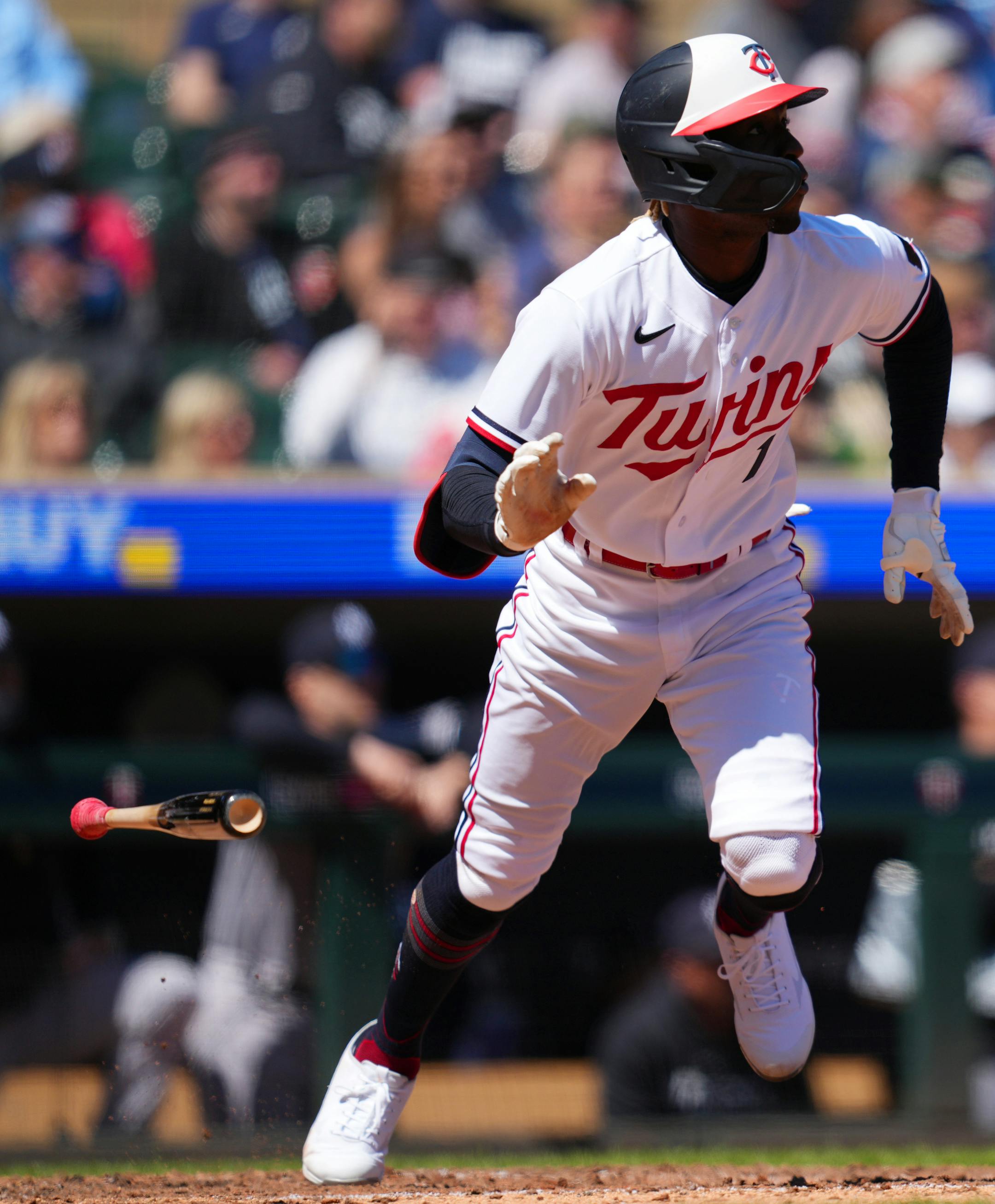 Minnesota Twins second baseman Nick Gordon (1) hits a triple in the seventh inning.
