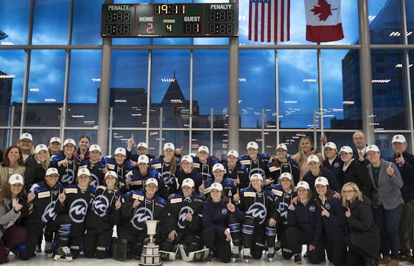 The Whitecaps, above celebrating their 2019 NWHL championship at the Tria Rink, won't play at home this season.