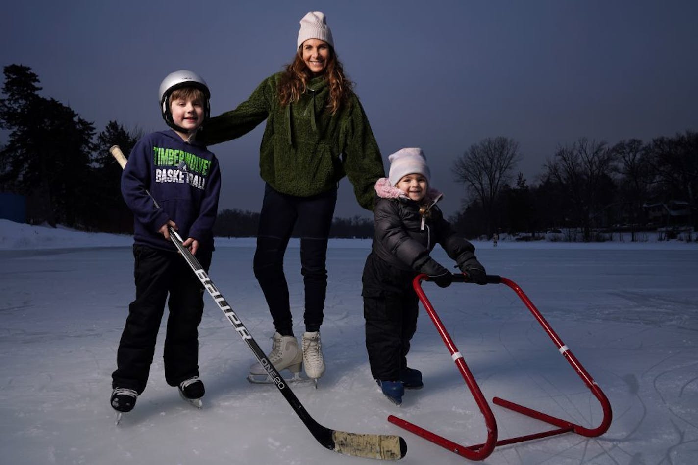 Leslie Fhima stood for a portrait with her grandchildren Jackson Chazin, 6, and Sofia Chazin, 3.