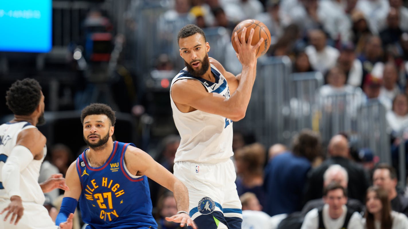 Minnesota Timberwolves center Rudy Gobert (27) in the second half of Game 1 of an NBA basketball first-round playoff series Sunday, April 16 2023, in Denver. (AP Photo/David Zalubowski)