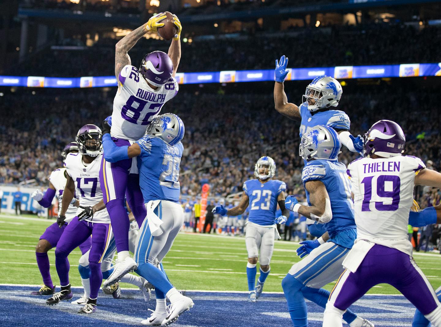 Minnesota Vikings tight end Kyle Rudolph (82) caught a Hail Mary touchdown against the Detroit Lions at Ford Field on Sunday December 23, 2018 in Detroit.