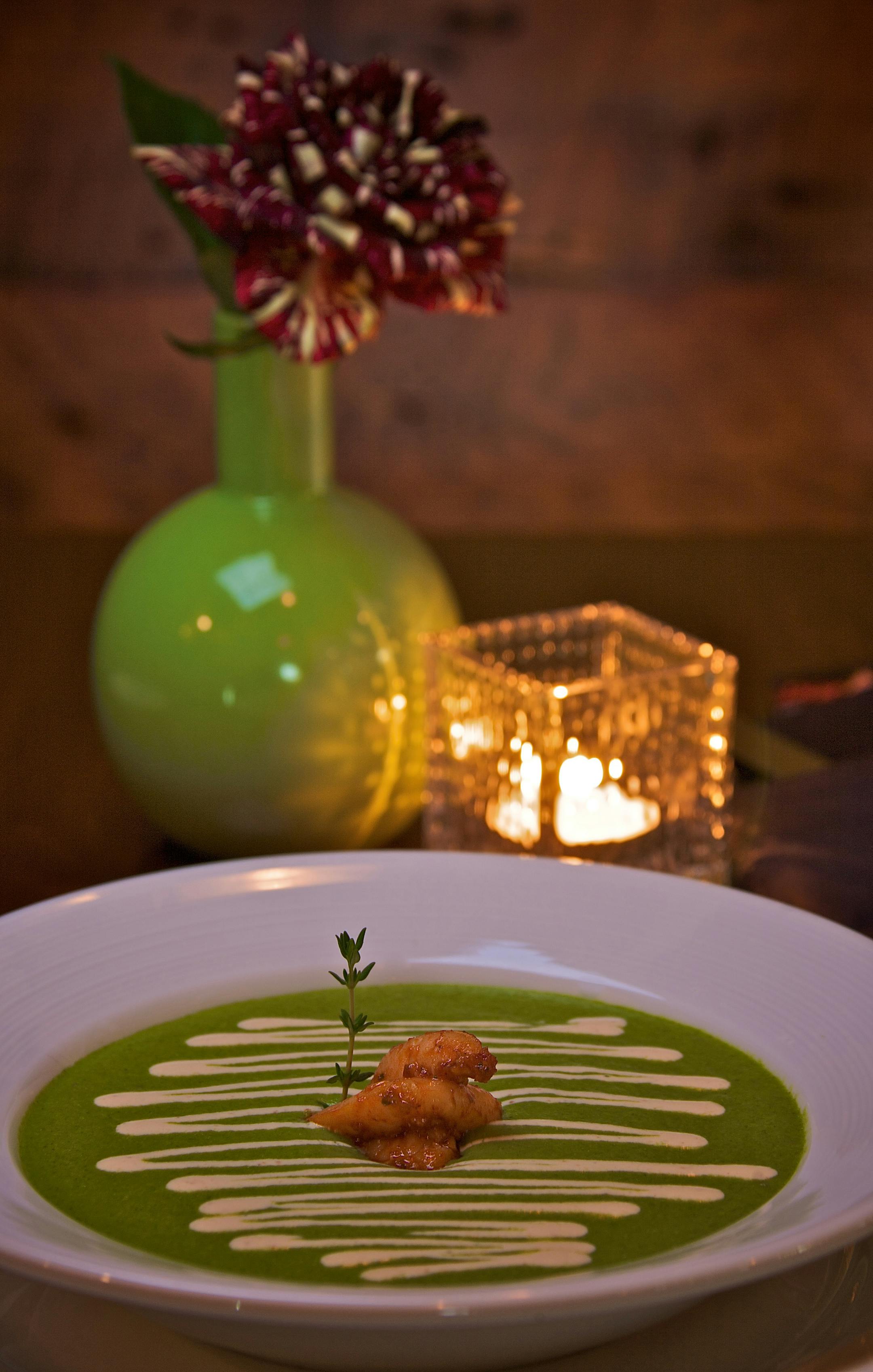 The soup of the day was cream of cilantro with chipotle shrimp.