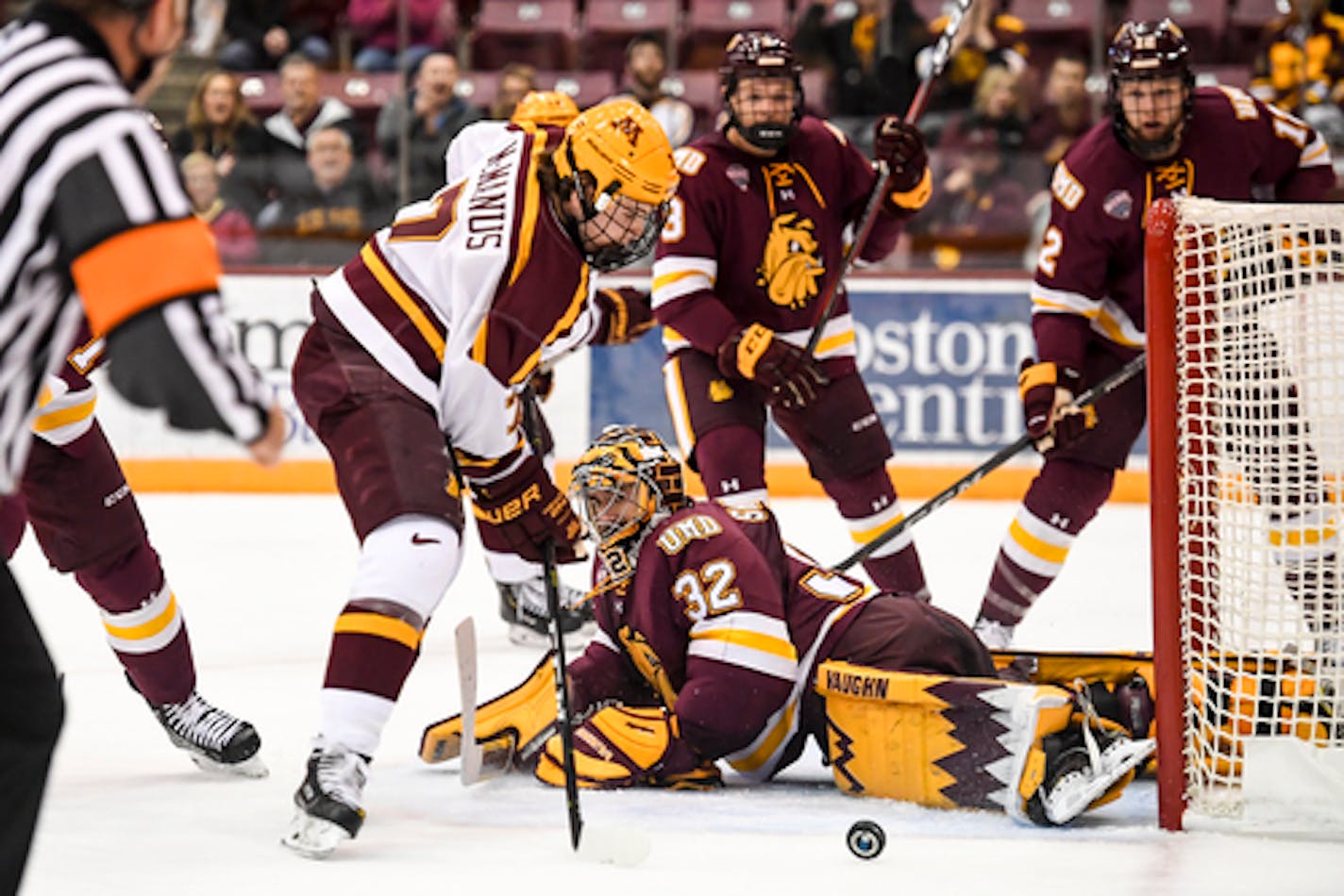 Minnesota Golden Gophers forward Brannon McManus (7) scored his first goal of the night against Minnesota-Duluth Bulldogs goaltender Hunter Shepard (32) in the first period Sunday night.   ] AARON LAVINSKY ¥ aaron.lavinsky@startribune.com