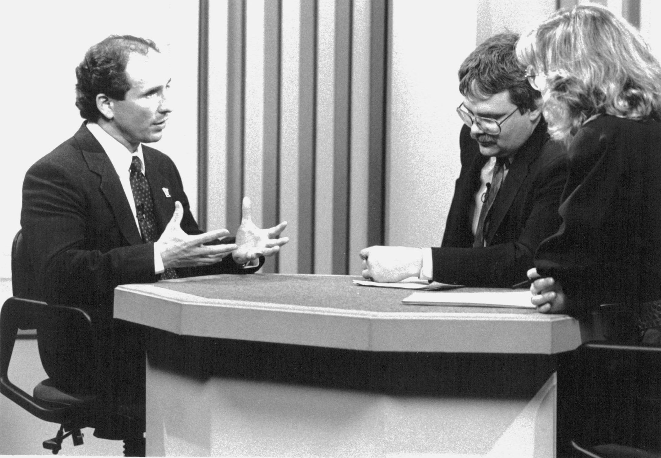 April 5, 1991: Senator Paul Wellstone talks with Almanac hosts, Eric Eskola and Jan Smaby.