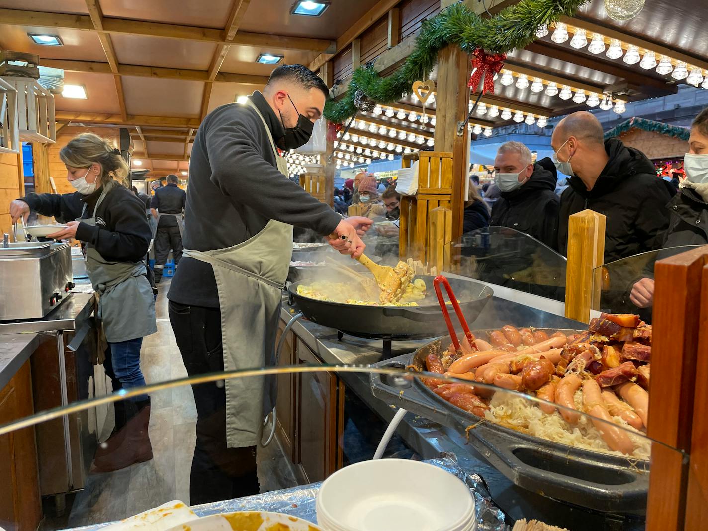 Warm up at the market with options such as choucroute (sauerkraut) and sausages. MUST CREDIT: Photo for The Washington Post by Mary Winston Nicklin