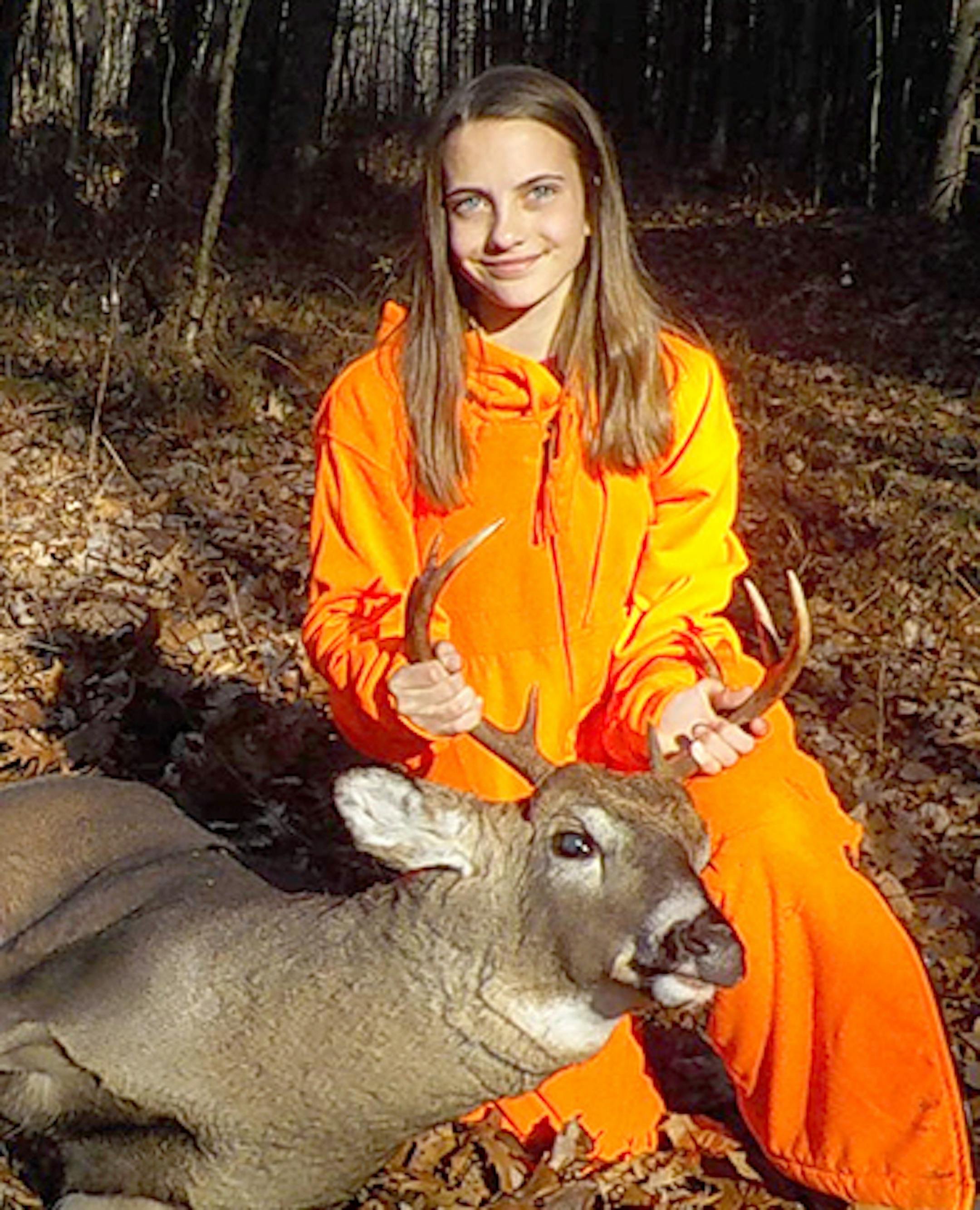 Lindsay Ogrin, a seventh grader from Plymouth, shot her first deer near Brainerd this year while sharing a stand with her grandfather. She brought down an eight-point buck with one shot. It was her first hunt since obtaining her Minnesota gun safety permit.