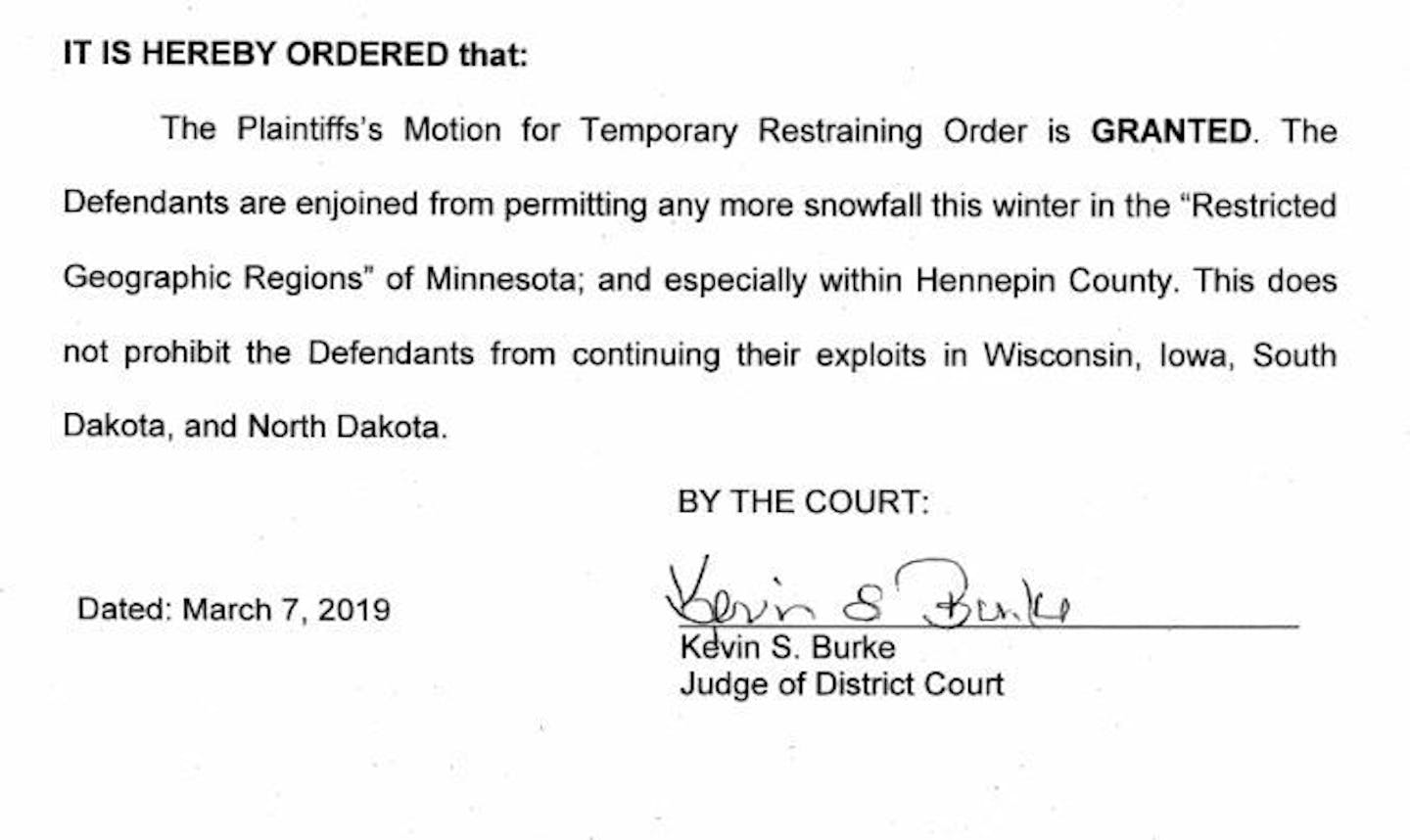 A portion of a restraining order signed Thursday by Hennepin County District Judge Kevin Burke.