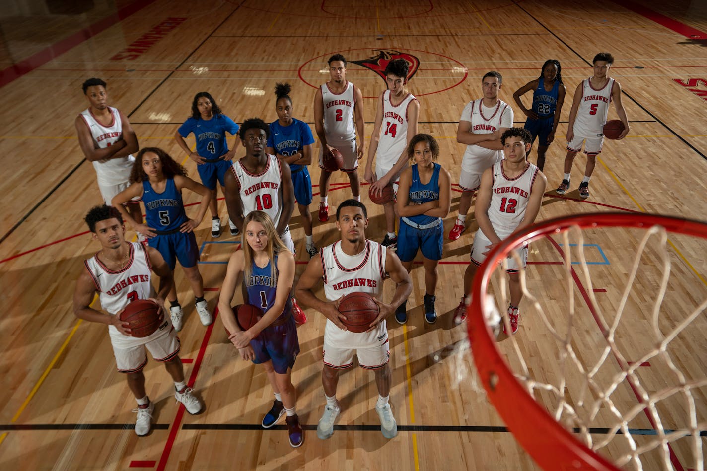 With Hopkins' Paige Bueckers and Minnehaha Academy's Jalen Suggs, front and center and both wearing No. 1, the other Division I bound players on the two teams joined them for a group portrait. ] JEFF WHEELER • Jeff.Wheeler@startribune.com