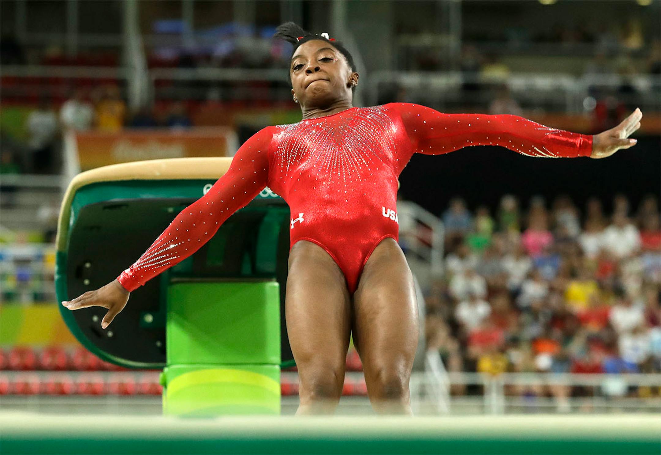 United States' Simone Biles performs on the vault during the artistic gymnastics women's apparatus final at the 2016 Summer Olympics in Rio de Janeiro, Brazil, Sunday, Aug. 14, 2016.