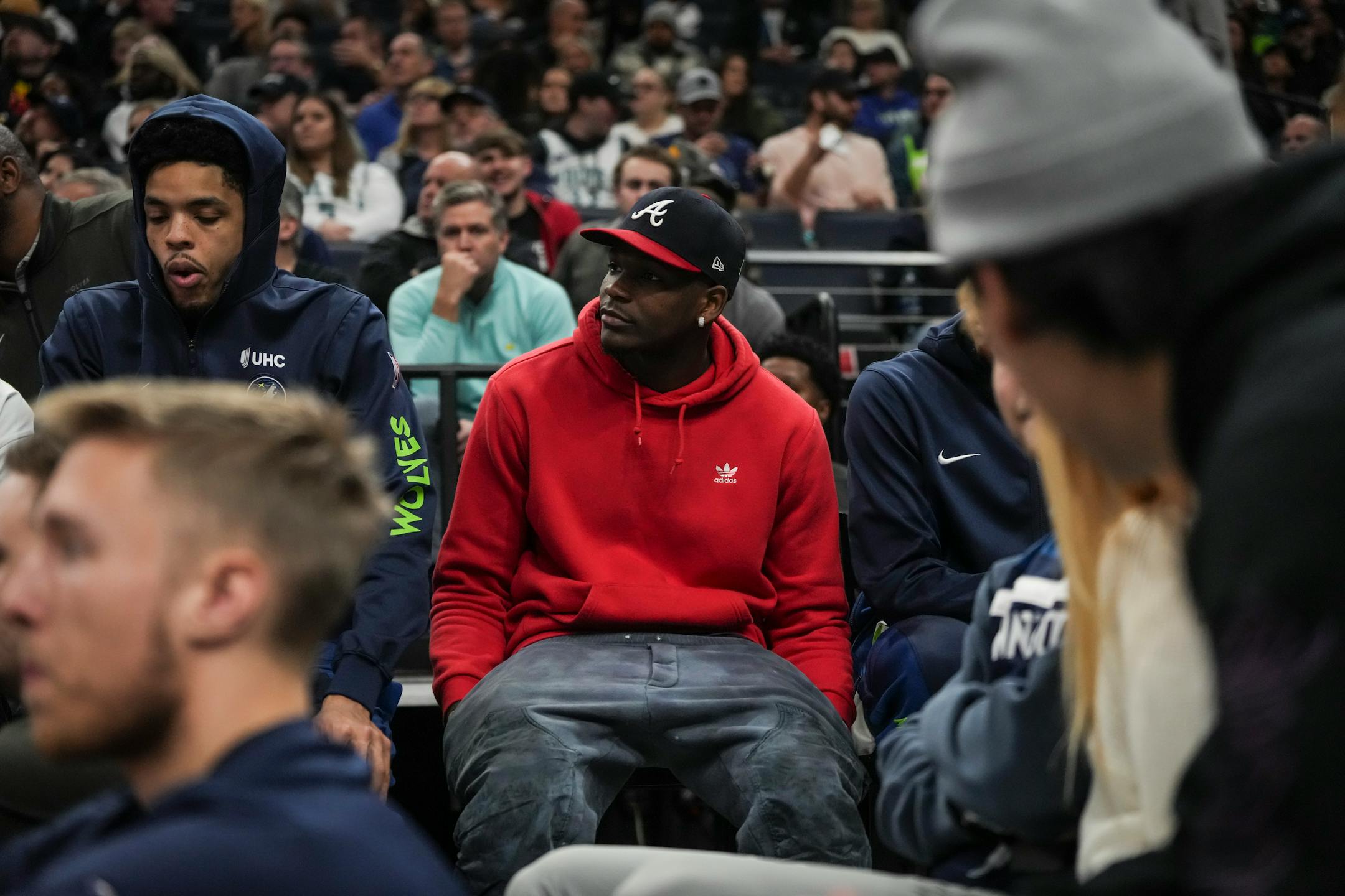Minnesota Timberwolves guard Anthony Edwards (5) sits on the bench in the first half. The Minnesota Timberwolves hosted the Utah Jazz at Target Center on Thursday, Nov. 30, 2023 in Minneapolis, Minn. ] RENEE JONES SCHNEIDER • renee.jones@startribune.com