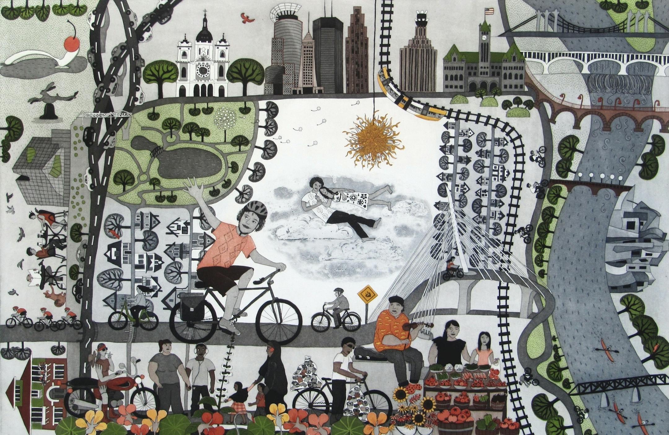 "My Minneapolis," intaglio print by Miriam Randolph.