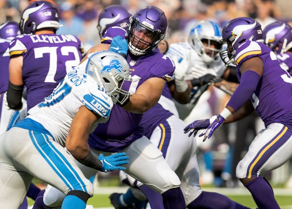 Vikings rookie Christian Darrisaw played 28 snaps at left tackle against Detroit.