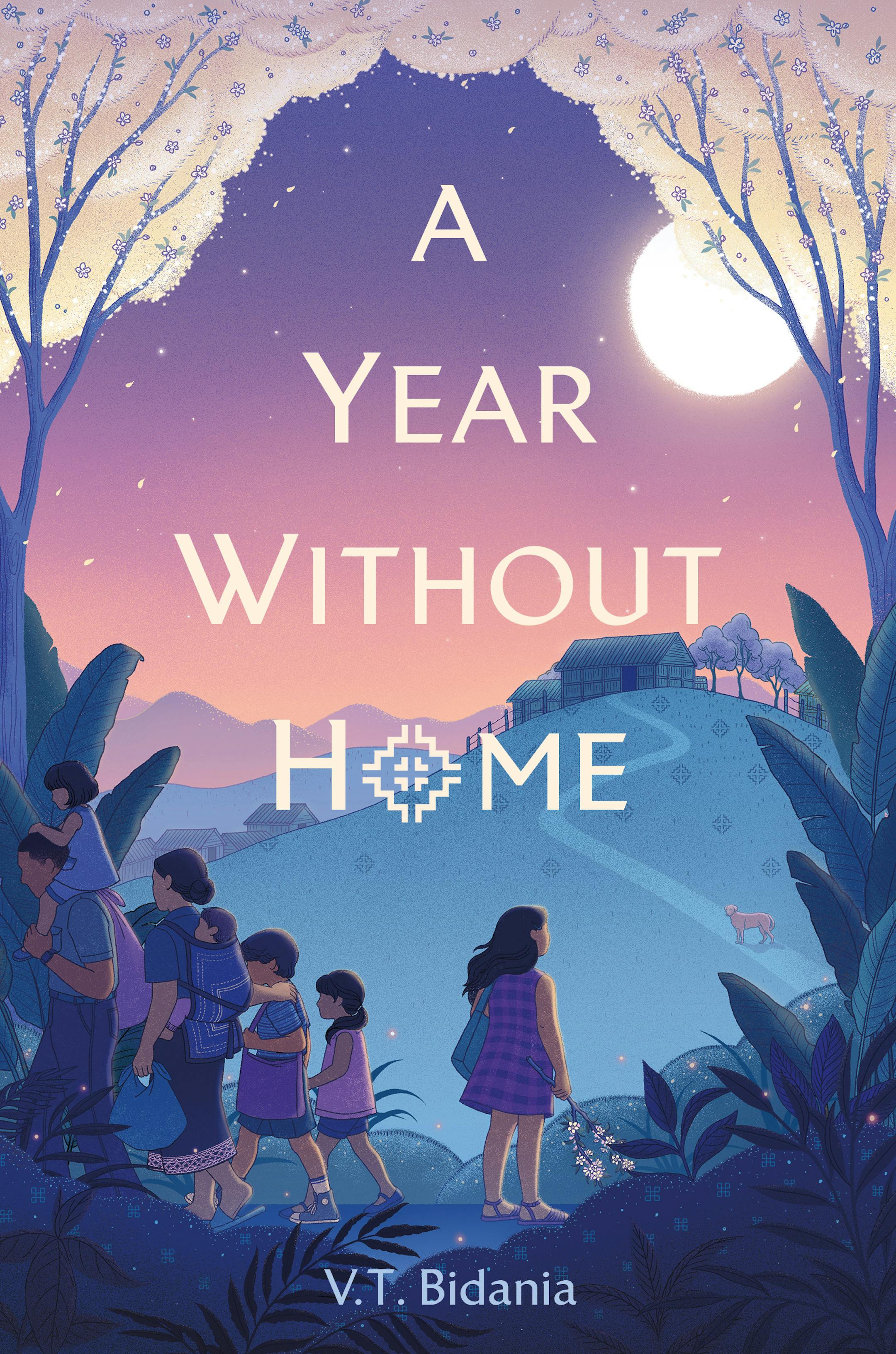 Cover of A Year Without a Home is a blue/pink/purple painting of a family walking into a forest