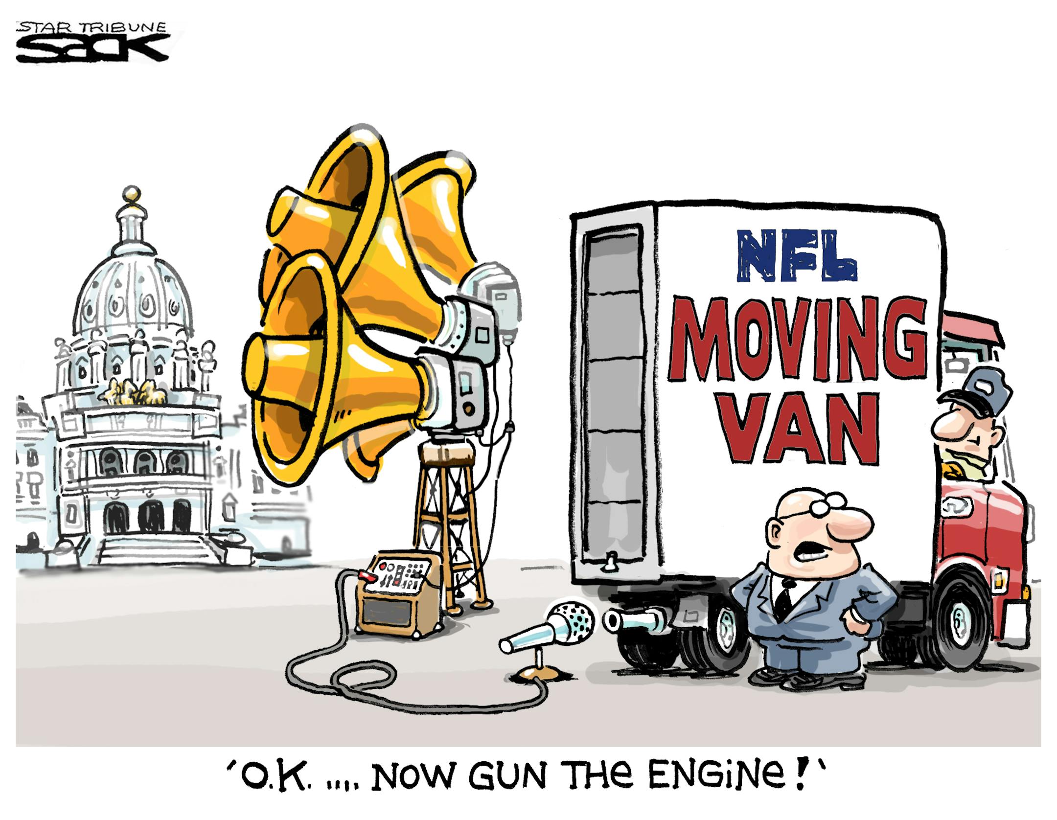 Steve Sack editorial cartoon for April 20, 2012. Topic: Pressure on Legislature by NFL to get stadium deal passed.