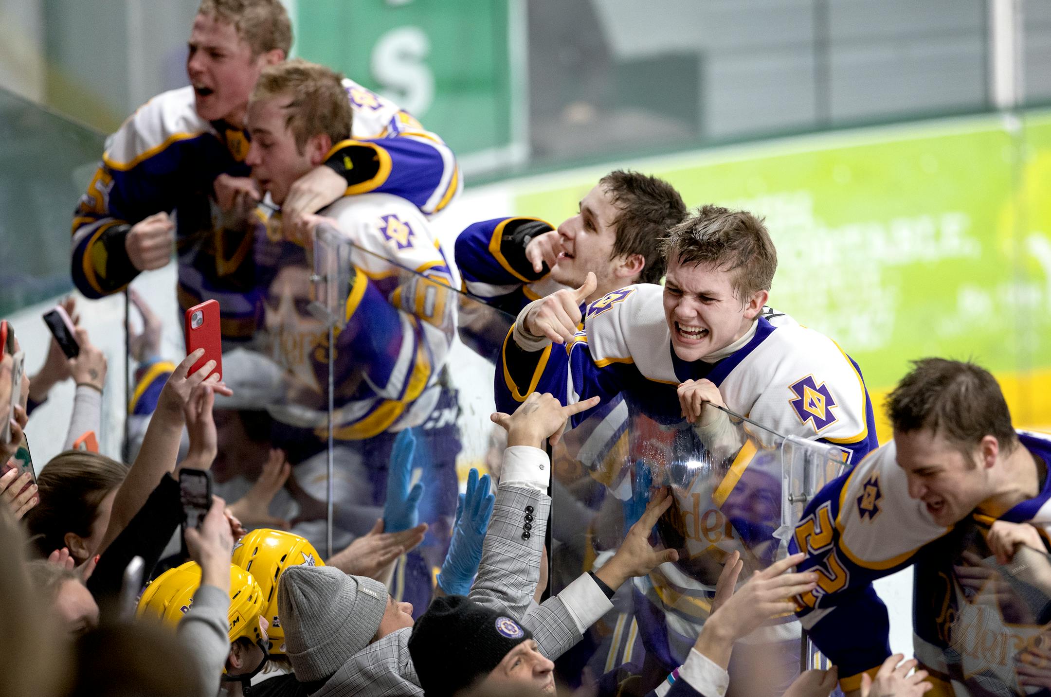 Cretin-Derham Hall players celebrate with the student section at the end of the boy's hockey section 3 Class 2A Finals.