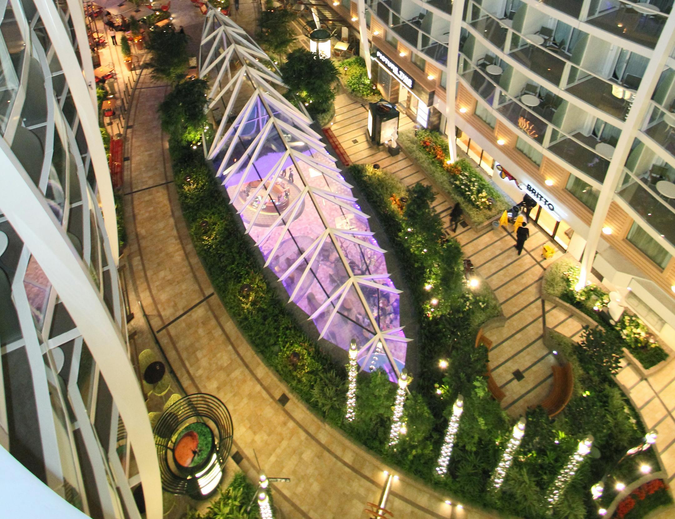 Royal Caribbean's Allure of the Seas has a 10-story atrium in the middle of the ship that features a Central Park. The 1,187-foot ship has many different neighborhoods.