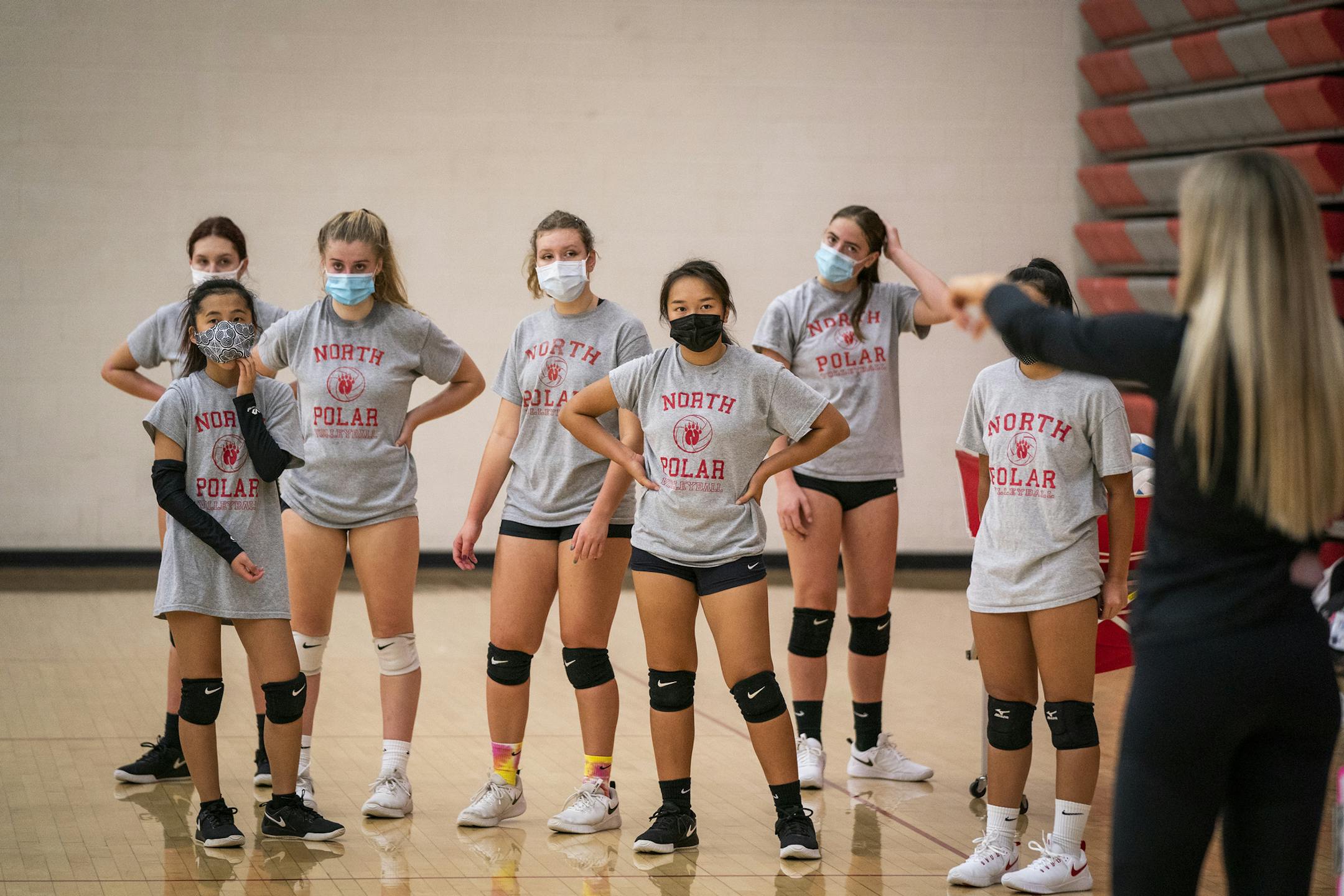 North St. Paul coach Stephanie Blanda led a workout during the first day of volleyball tryouts on Sept. 28 at the school.