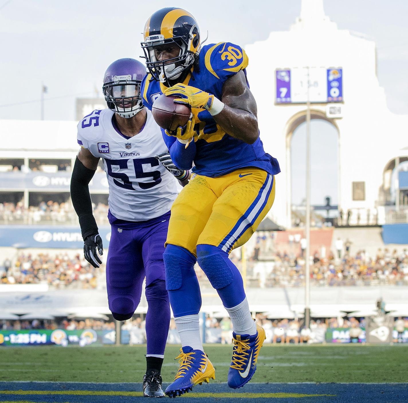 LA Rams Todd Gurley caught an 8-yard touchdown in the first quarter. ] CARLOS GONZALEZ &#xef; cgonzalez@startribune.com &#xf1; September 2, 2018, Los Angeles, CA, LA Memorial Coliseum, NFL, Minnesota Vikings vs. Los Angeles Rams