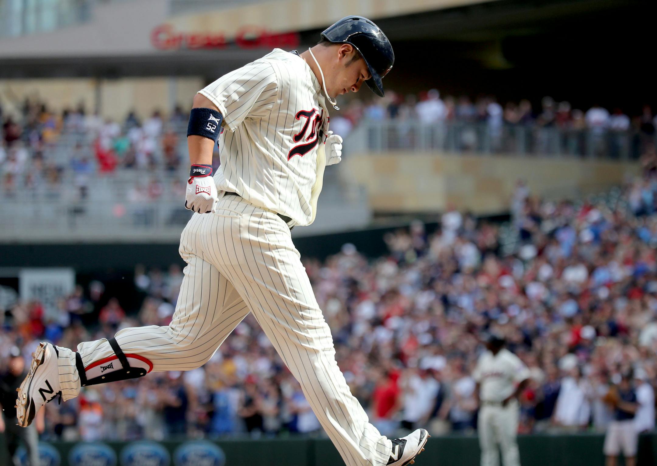The Minnesota Twins Byung Ho Park (52) heads for home plate after hitting a solo homerun in the 8th inning. Minnesota beat Los Angeles Angels 6-4 Saturday, April 16, 2016, at Target Field in Minneapolis, MN.](DAVID JOLES/STARTRIBUNE)djoles@startribune.com Minnesota Twins vs Los Angeles Angels