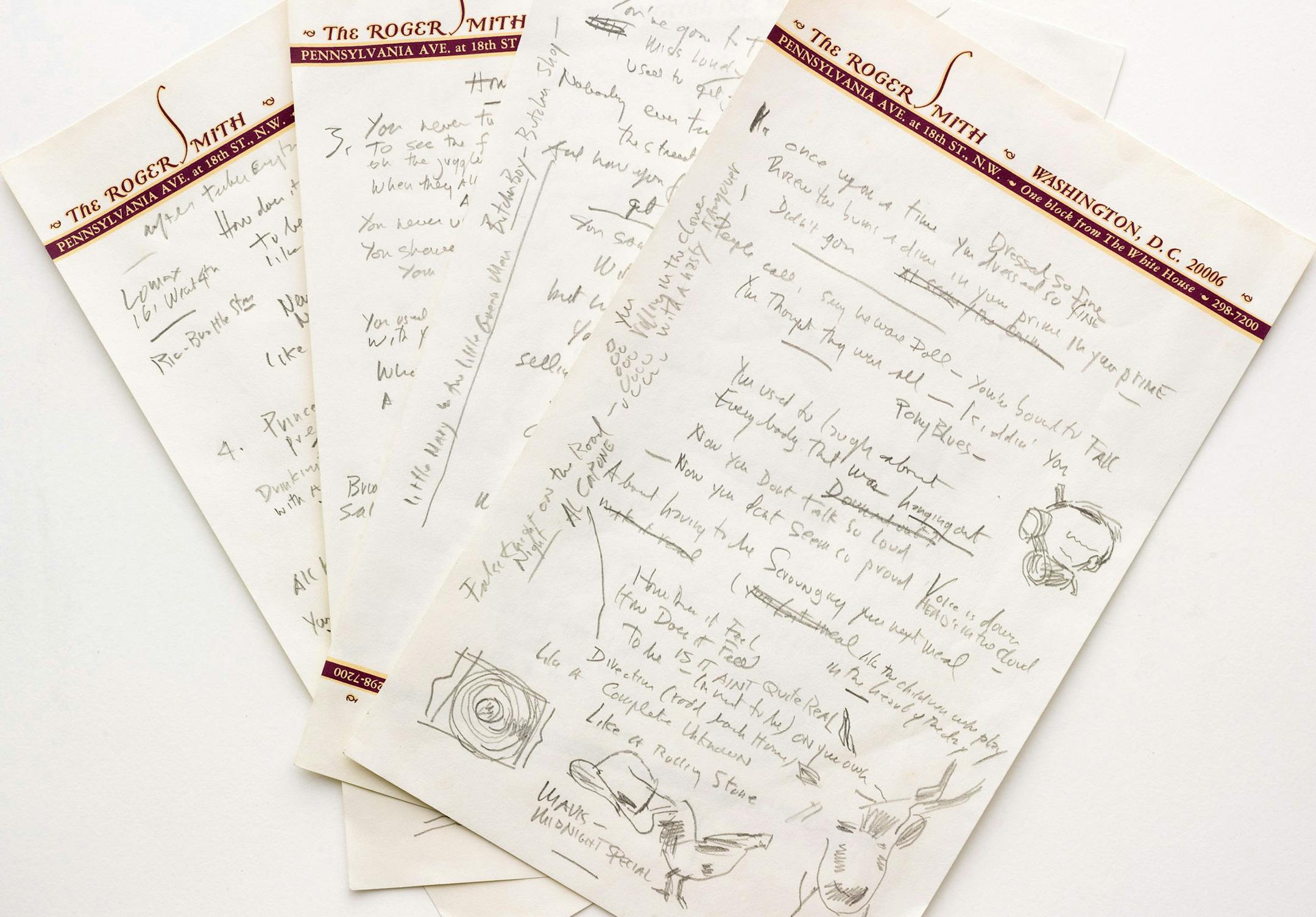This undated file photo provided by Sotheby's shows a working draft of Bob Dylan's "Like a Rolling Stone," one of the most popular songs of all time. The draft, in Dylan's own hand, is coming to auction in New York on Tuesday, June 24, 2014, where it could fetch an estimated $1 million to $2 million. Sotheby's says it is "the only known surviving draft of the final lyrics for this transformative rock anthem."