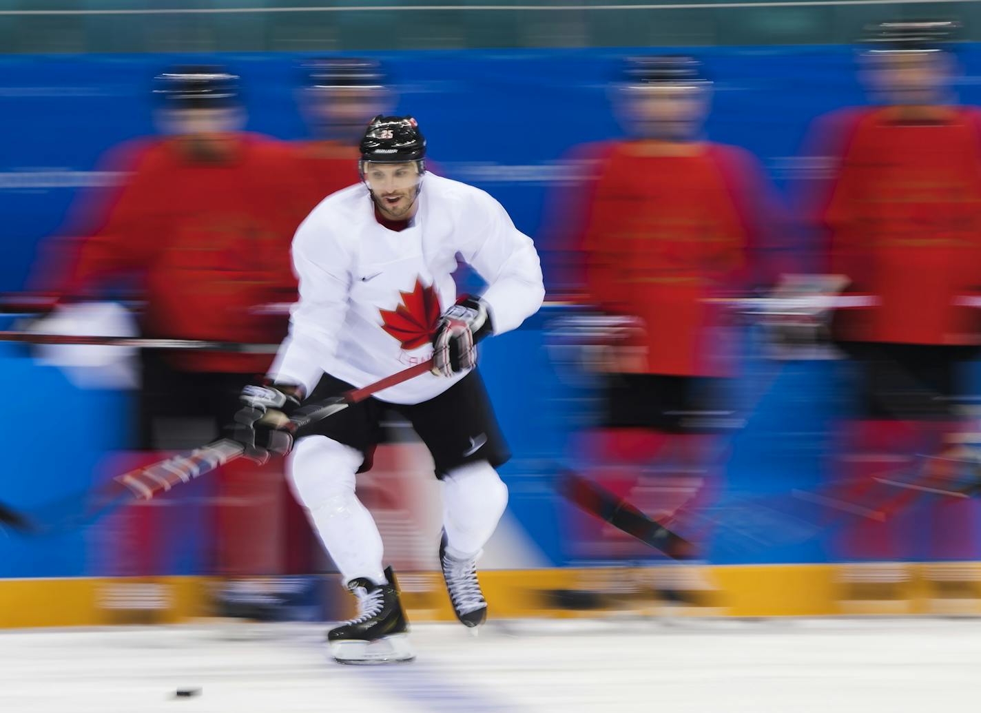 Canada's forward Maxim Lapierre takes part in a drill during a men's ice hockey team practice at the 2018 Winter Olympics in Gangneung, South Korea on Saturday, Feb. 10, 2018. (Nathan Denette/The Canadian Press via AP)