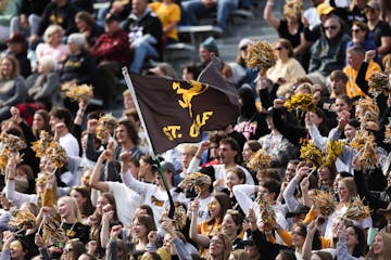 A crowd of St. Olaf College supporters cheered during a football game against Carleton College in October 2023.