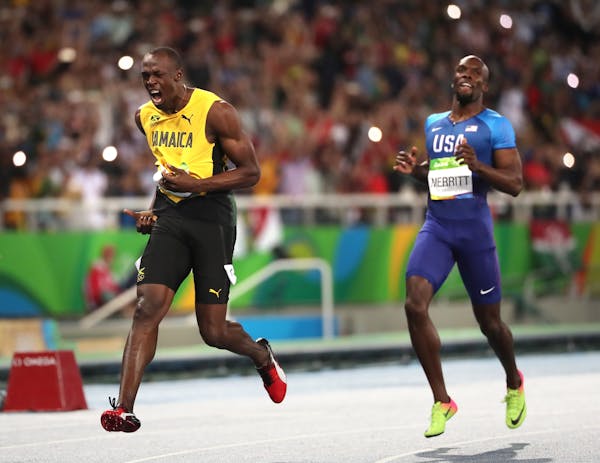 Men's 200 meter final. France's Christophe Lemaitre, Jamaica's Usain Bolt, USA's Lashawn Merritt & Canada's Andre de Grasse.