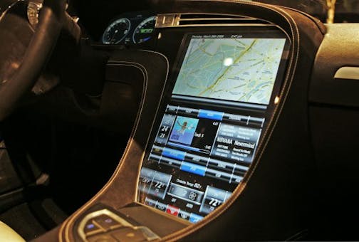 The touch-screen control panel of the prototype Tesla Model S all-electric 5-door sedan is seen after its unveiling in Hawthorne, Calif., Thursday, March 26, 2009.