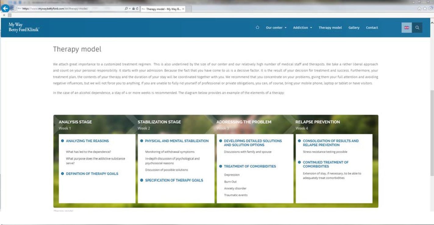 Screenshots from the Germany-based My Way Betty Ford Klinik and the Hazelden Betty Ford Clinic websites show similiarities between the two. The Minnesota-based Hazelden Betty Ford Foundation has filed a trademark infringement lawsuit against the German clinic.