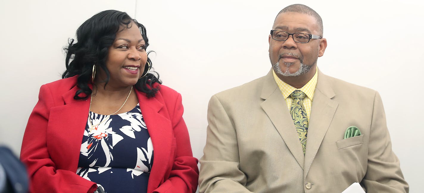 Philando Castile's mother Valerie Castile, left, and uncle Clarence Castile smiles as Minnesota Governor Mark Dayton addressed the press regarding the establishment of a Governor's Council on Law Enforcement and Community relations to improve relations between Minnesota Communities and law enforcement officer during a press conference, Wednesday, October 12, 2016 in St. Paul, MN. ] (ELIZABETH FLORES/STAR TRIBUNE) ELIZABETH FLORES &#x2022; eflores@startribune.com