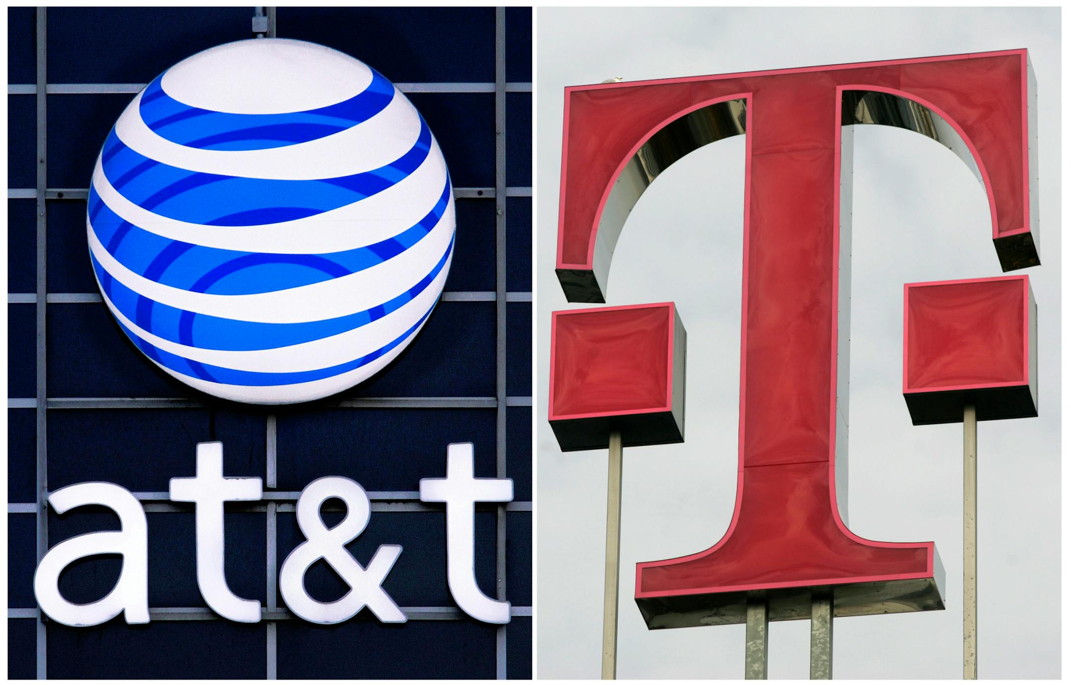 Logos for AT&T, left, and Deutsche Telekom AG.