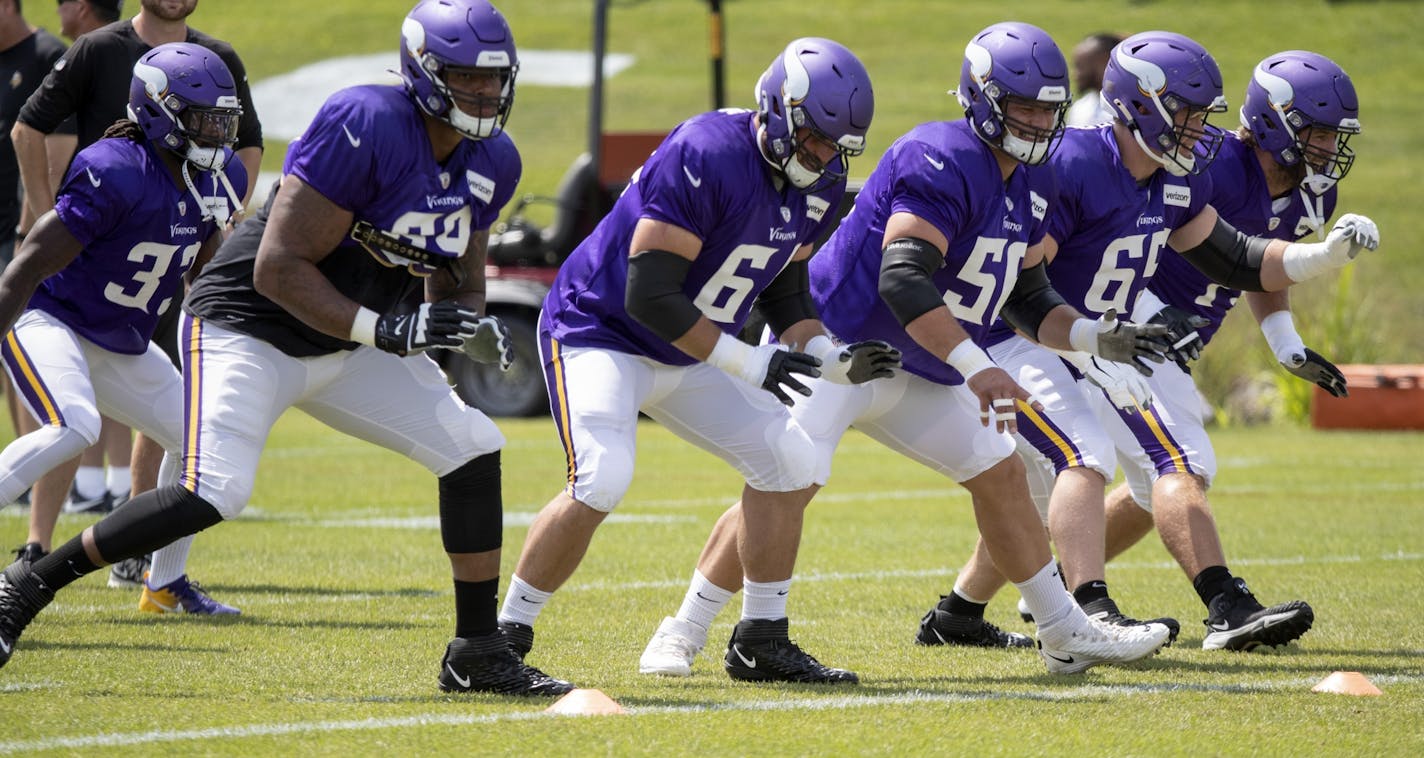 Vikings offensive line worked on blocking schemes during practice on Tuesday.