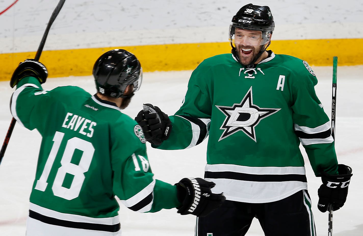 Patrick Eaves (18) and Vernon Fiddler (38) celebrated a goal by Eaves in the second period.