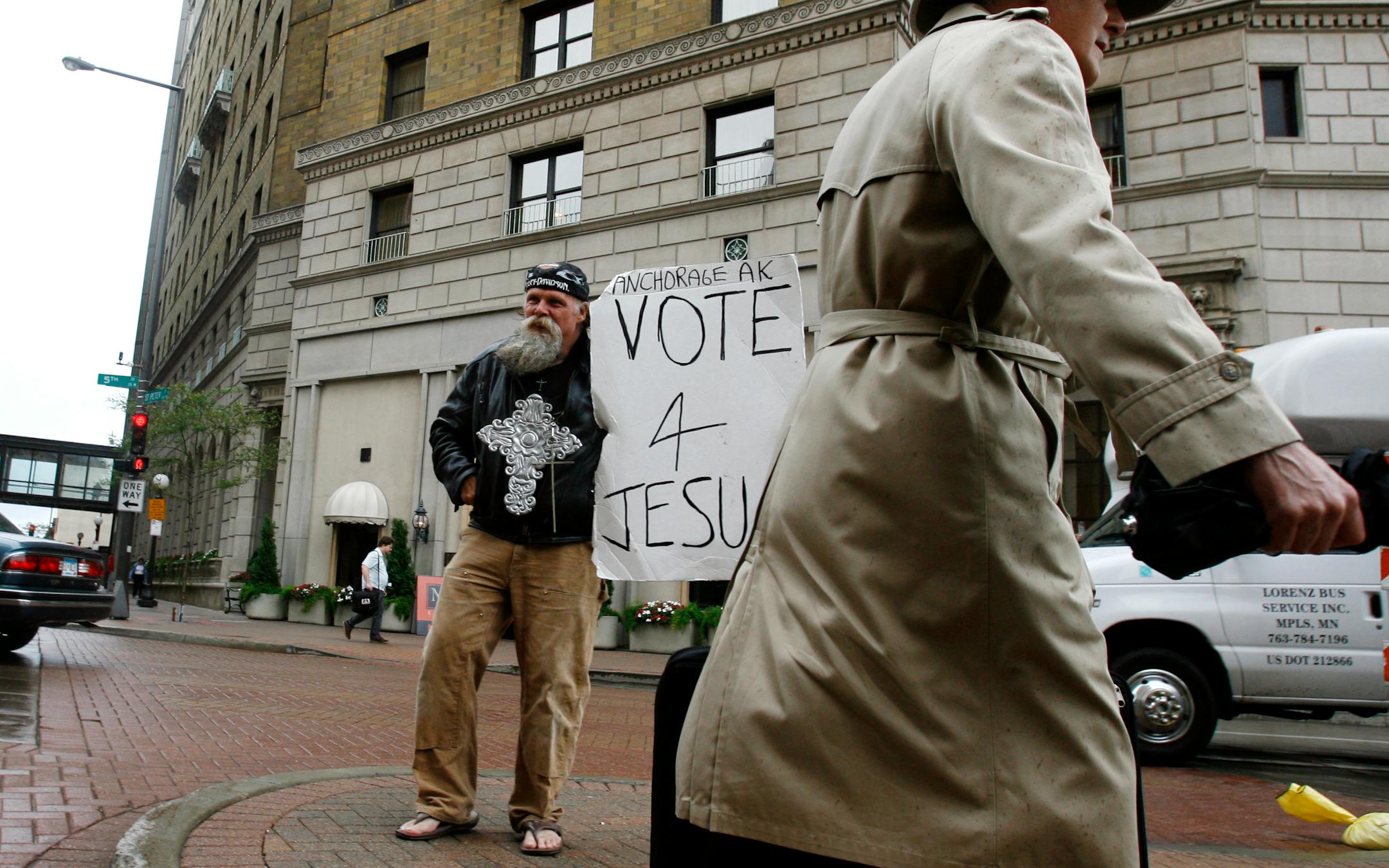 Gary Mathes, an independent from Alaska, kept his election message brief on Tuesday: "Vote for Jesus," Mathes called out to pedestrians in downtown St. Paul.