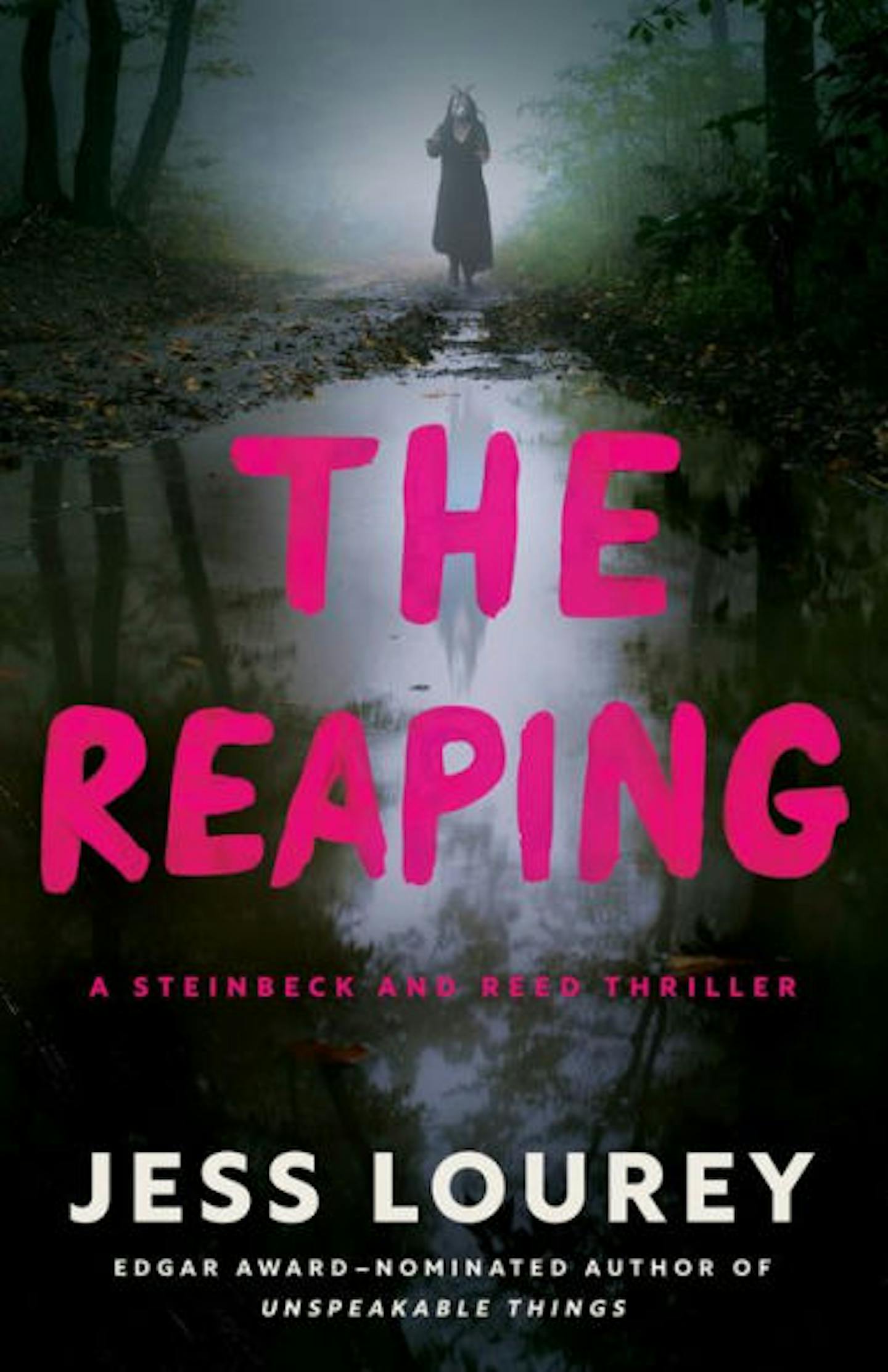 cover of The Reaping is a black and white image of a woman in a foggy forest