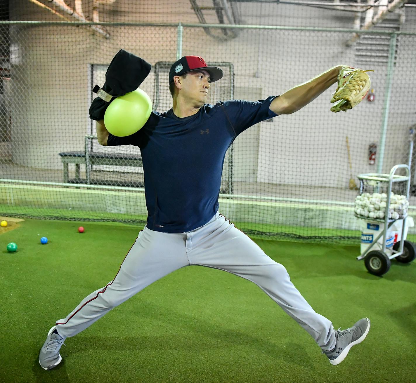 Minnesota Twins pitcher Kyle Gibson (44) demonstrated his new rehab training routine to pitching coach Neil Allen Wednesday. ] AARON LAVINSKY &#xef; aaron.lavinsky@startribune.com Minnesota Twins pitchers and catchers took part in Spring Training on Wednesday, Feb. 15, 2017 at CenturyLink Sports Complex in Fort Myers, Fla.