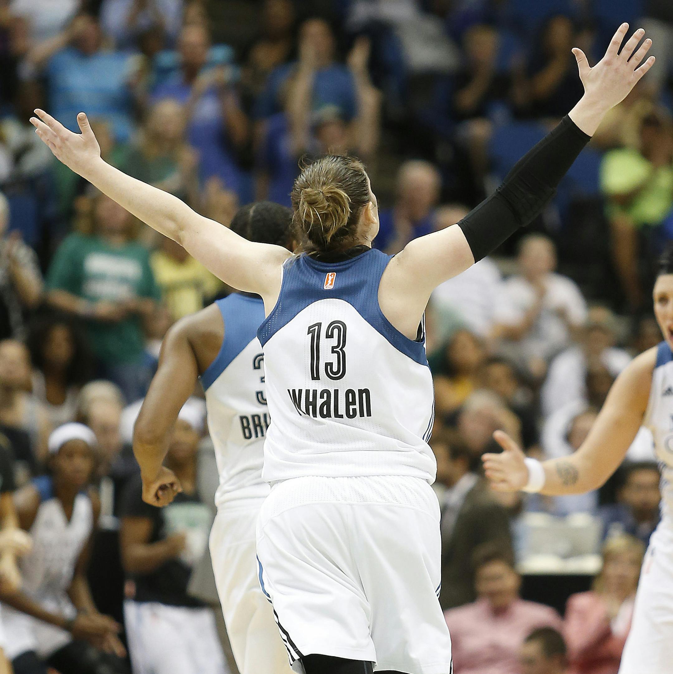 Minnesota Lynx guard Lindsay Whalen celebrates in the second half of a WNBA basketball game against the Chicago Sky, Thursday, Aug. 7, 2014, in Minneapolis. The Lynx won 74-64. (AP Photo/Stacy Bengs)