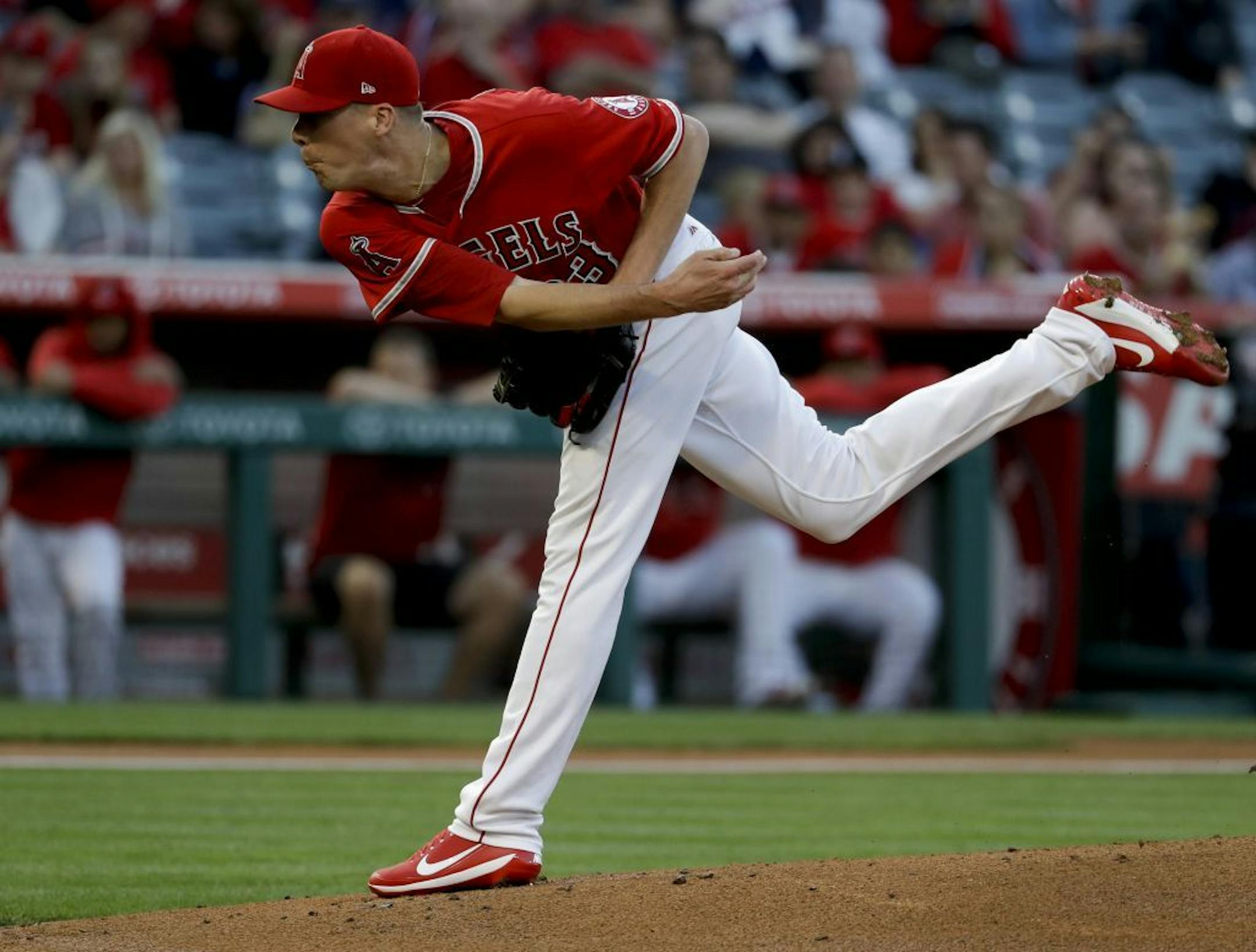 Los Angeles Angels starting pitcher Alex Meyer watches a delivery to the Minnesota Twins during the first inning of a baseball game in Anaheim, Calif., Thursday, June 1, 2017.