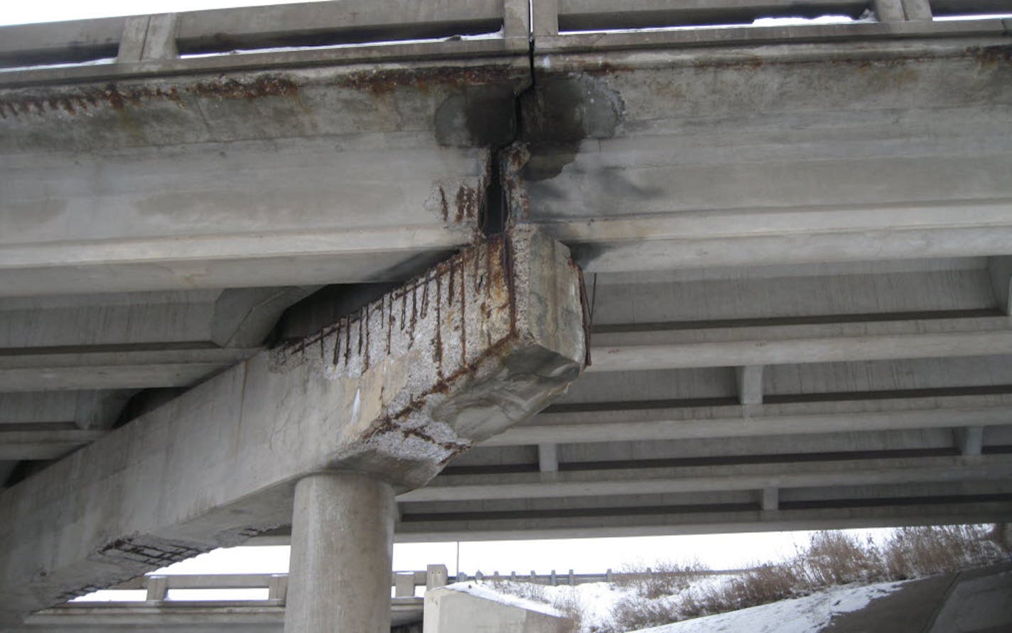 This I-35E bridge over Goose Lake Road in Vadnais Heights shows exposed rebar where chunks of concrete have broken off.