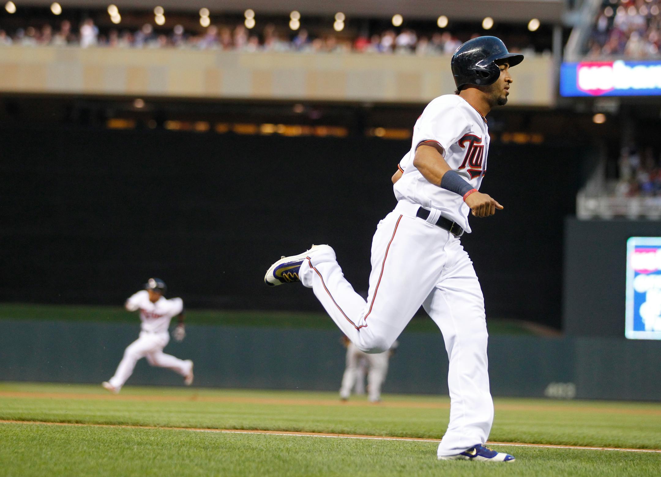 Eddie Rosario, pictured in a game from earlier this season, scored from second base on a sacrifice bunt against the Royals on Sunday, a first in Twins history.