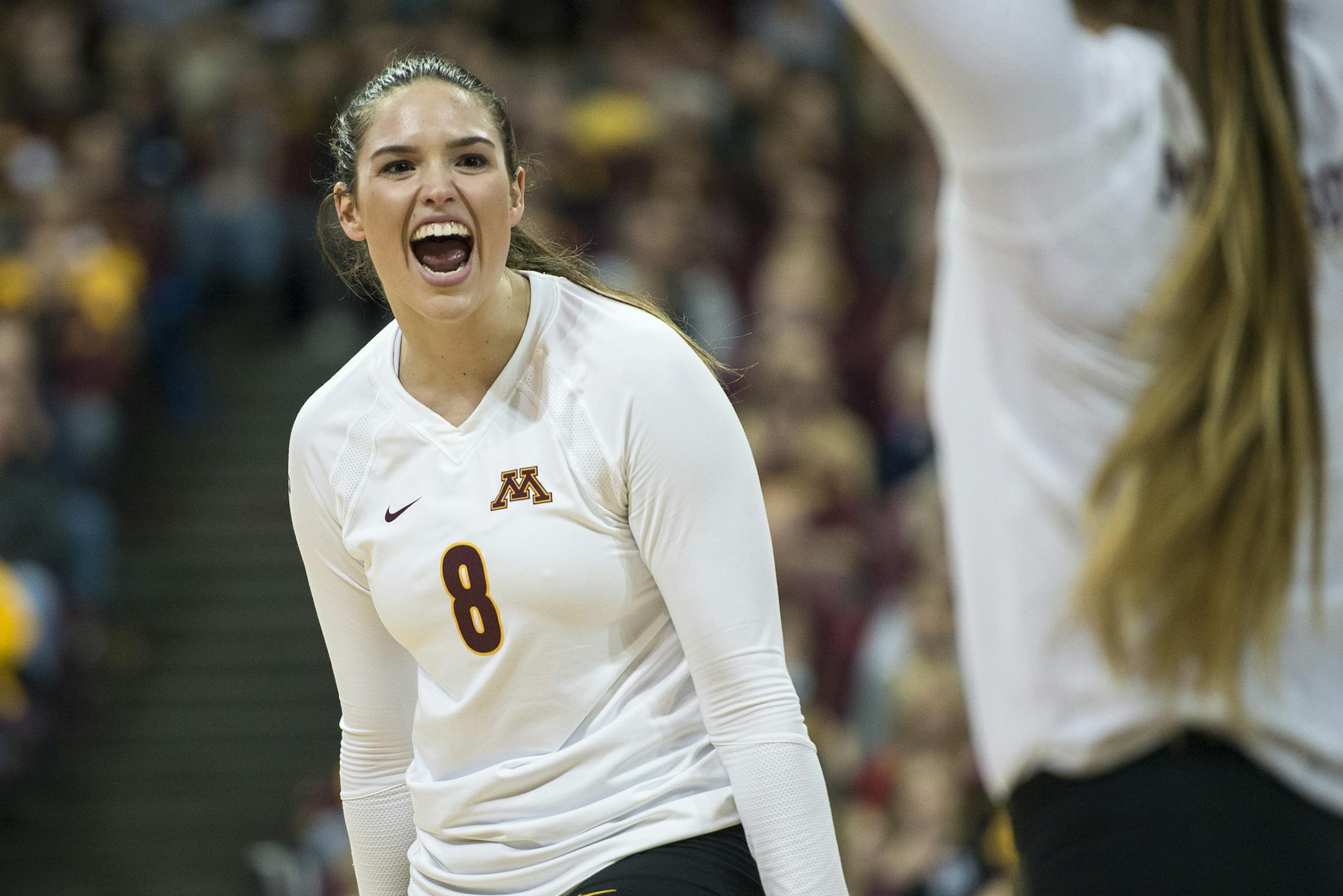 Minnesota outside hitter Sarah Wilhite (8) celebrated after scoring a point against Jackson State in the first set. ] (AARON LAVINSKY/STAR TRIBUNE) aaron.lavinsky@startribune.com The University of Minnesota Golden Gophers women’s volleyball team played Jackson State in the first round of the NCAA tournament on Friday, Dec. 4, 2015 at the University of Minnesota Sports Pavilion in Minneapolis, Minn.