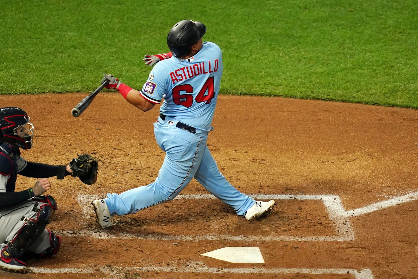 Minnesota Twins catcher Willians Astudillo (64) hit a solo home run in the second inning. ] ANTHONY SOUFFLE • anthony.souffle@startribune.com The Minnesota Twins played the Cleveland Indians in the second game of a three game MLB series Saturday, Sept. 12, 2020 at Target Field in Minneapolis.