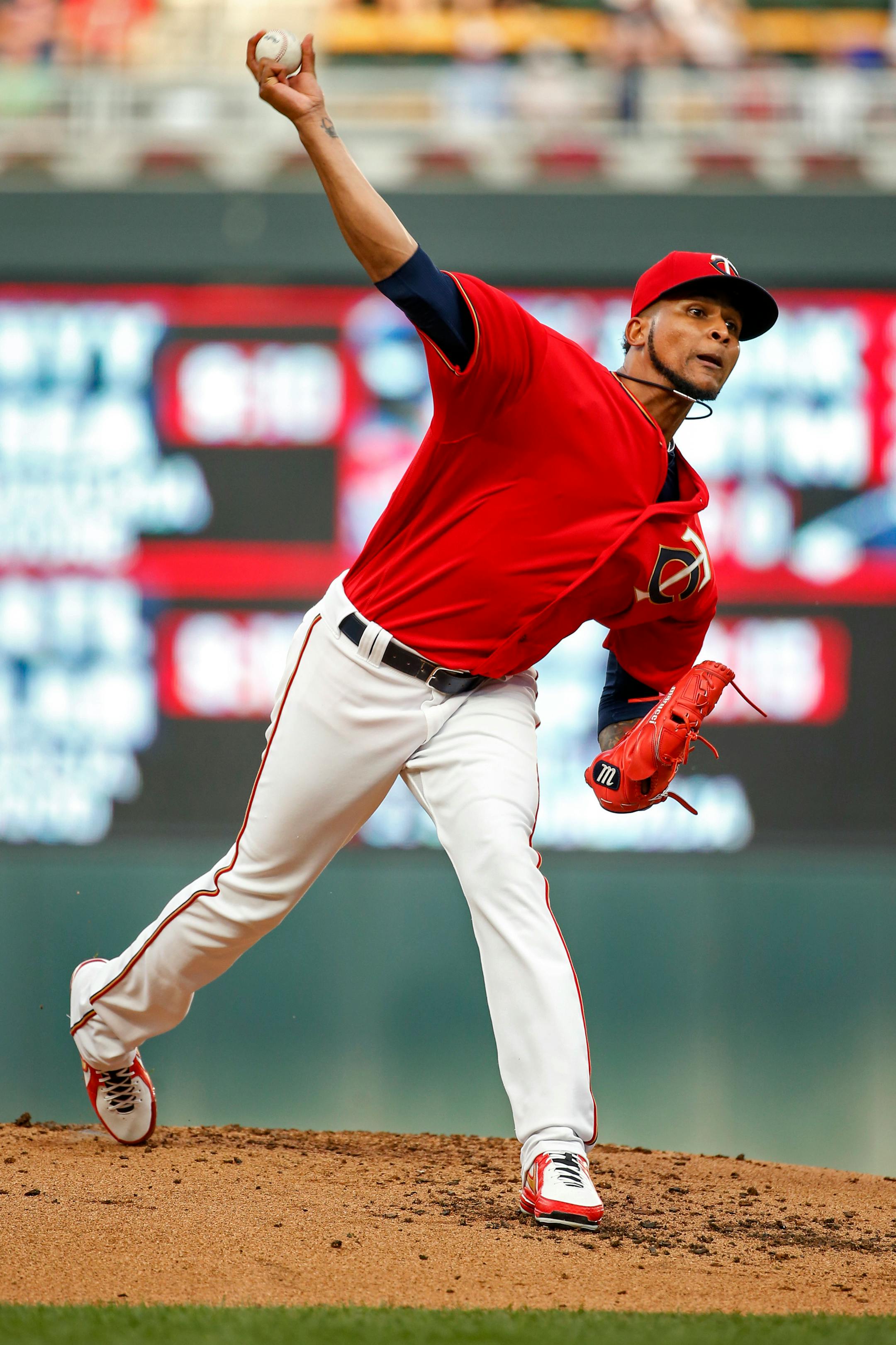 Minnesota Twins starting pitcher Ervin Santana throws to the New York Yankees in the second inning of a baseball game Friday, July 21, 2017, in Minneapolis. (AP Photo/Bruce Kluckhohn)
