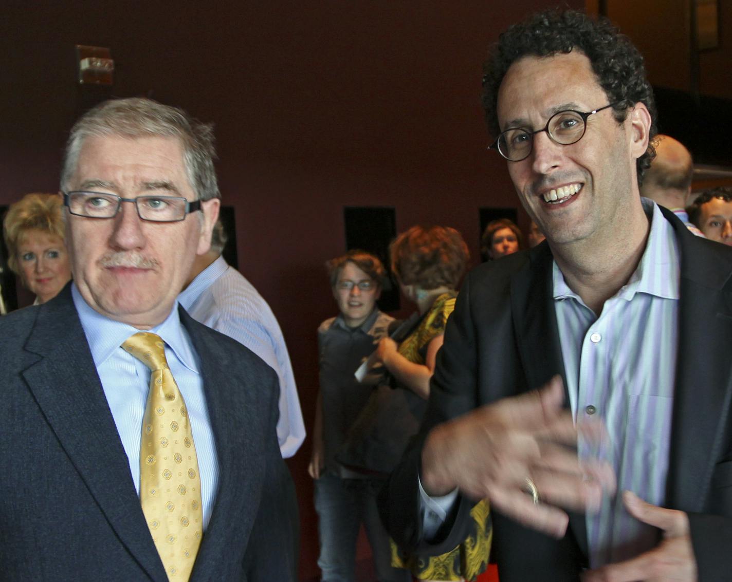 BRUCE BISPING &#xef; bbisping@startribune.com Minneapolis, MN., Friday, 5/22/2009] (left to right) Guthrie Artistic Director Joe Dowling and Tony Kushner talked moments before the world premier of Kushner's new play, "An Intelligent Homosexuals Guide to Capitalism."