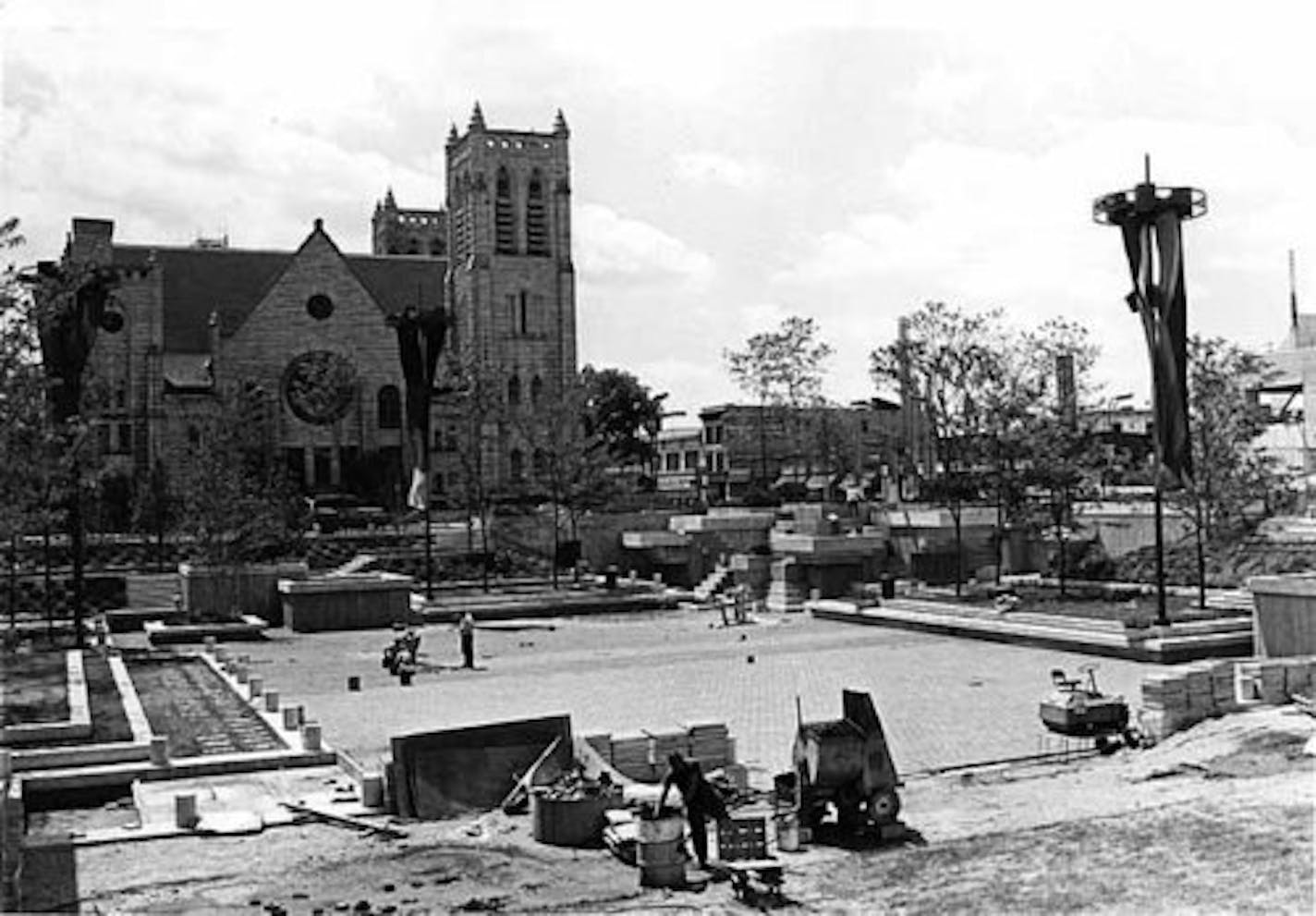 Peavey Plaza under construction in 1975.