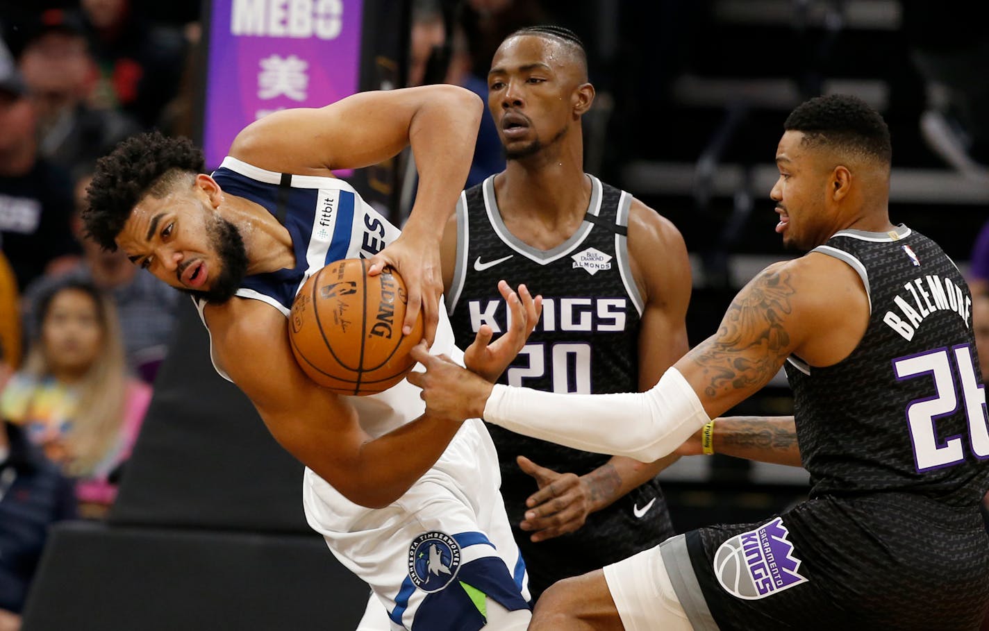 After Monday night's game against Sacramento, Timberwolves center Karl-Anthony Towns (left) said he didn't want any say in possible personnel decisions, but he would be disappointed if teammate Robert Covington were dealt before the NBA trade deadline