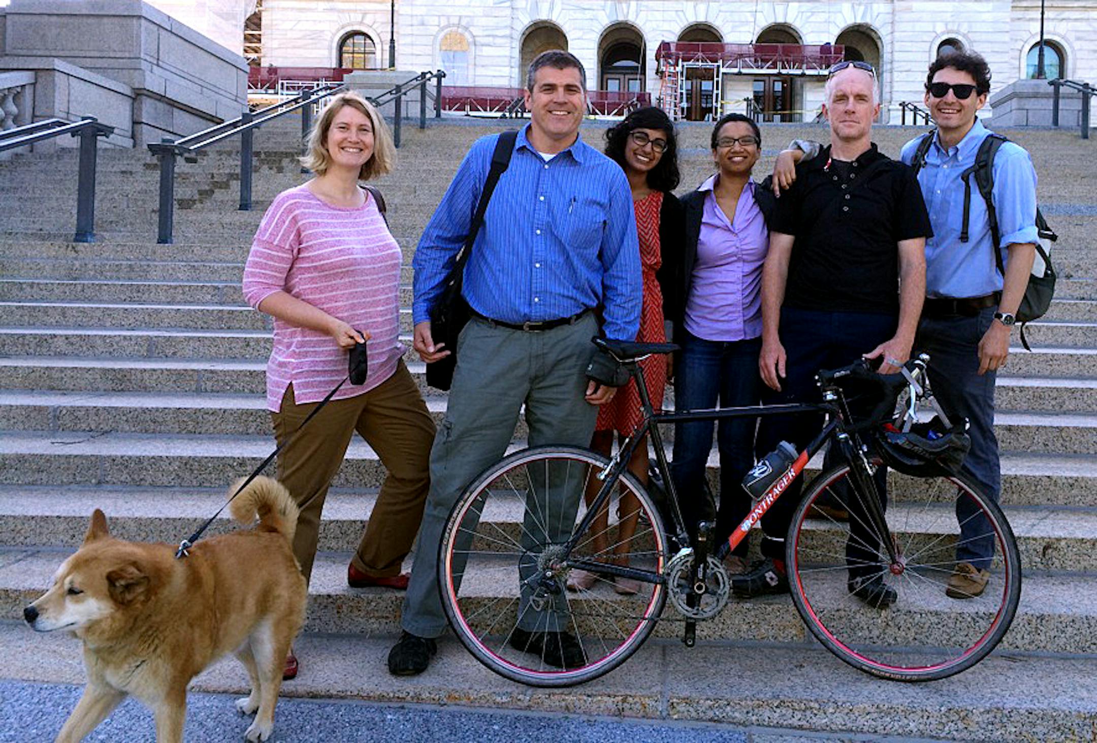 Left to right, reporters Jennifer Brooks (car), Jim Walsh (Green Line), Beena Raghavendran (car), Nicole Norfleet (bus), Matt McKinney (bike) and Eric Roper (bus) -- plus intrepid dog Josey (car) -- tested out the fastest way from St. Paul to the Star Tribune offices in Minneapolis.