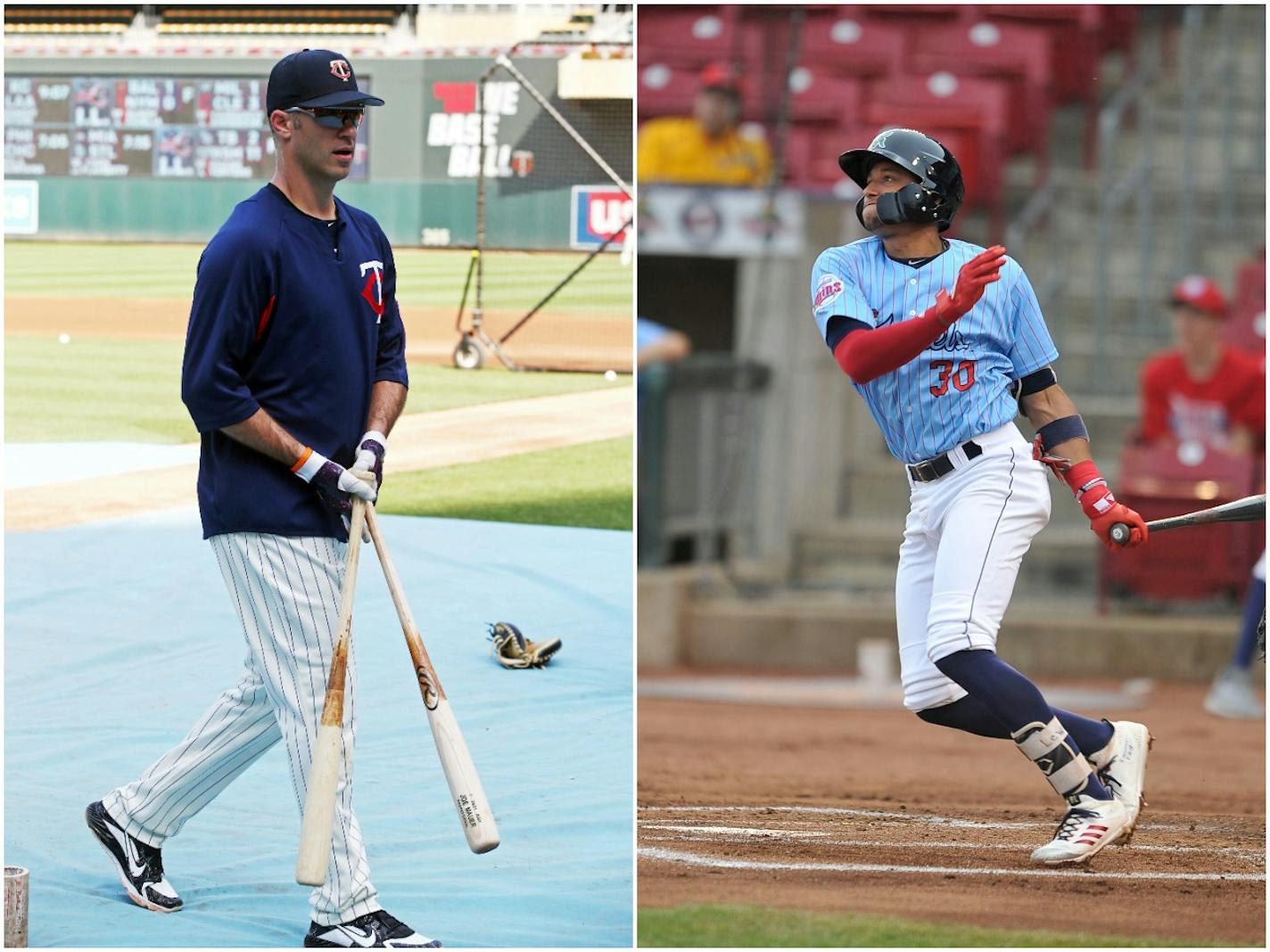 Joe Mauer, left, and Royce Lewis