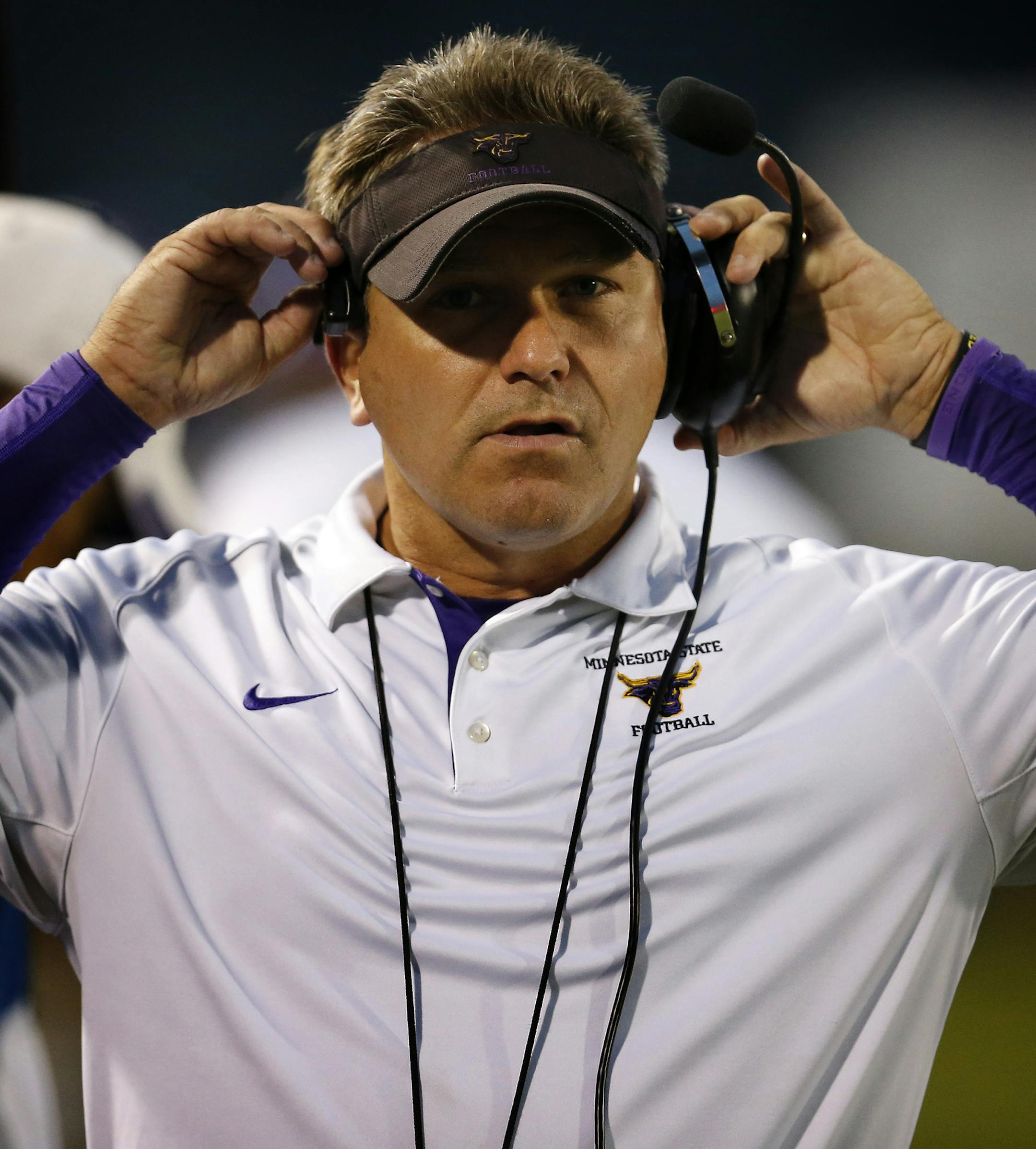 Minnesota State Mankato football coach Todd Hoffner had plenty of cheer about as the Mavericks won in front of a big home crowd Thursday.
during Thursday night’s game vs. St. Cloud State at Blakeslee Stadium. ] CARLOS GONZALEZ cgonzalez@startribune.com - September 4, 2014, Mankato, Minn., Minnesota State, Mankato, Blakeslee Stadium,