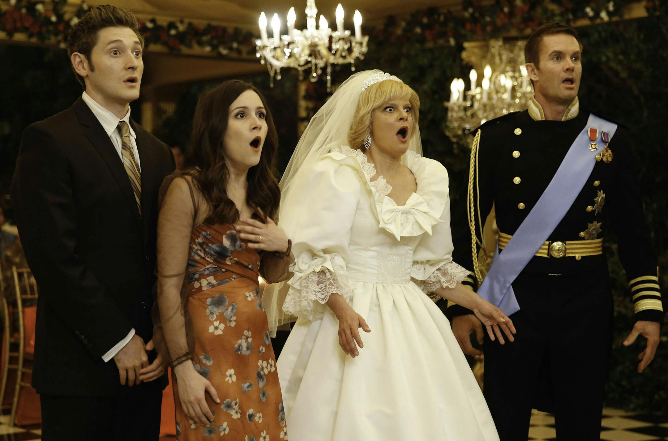 RAISING HOPE: Arnold surprises Burt (Garret Dillahunt, R) and Virginia (Martha Plimpton, second from R) with their dream wedding in Part Two of the one-hour "How I Met Your Mullet/The Father Daughter Dance" series finale episode of RAISING HOPE airing at a special time Friday, April 4 (9:00-10:00 PM ET/PT) on FOX. Also pictured: Lucas Neff and Shannon Woodward. ©2014 Fox Broadcasting Co. Cr: Jordin Althaus/FOX